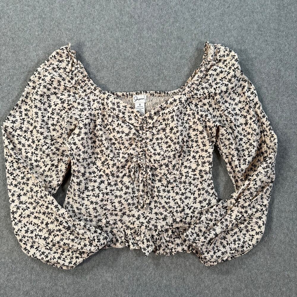 Japna Cropped Floral Top Women's Small Balloon Sleeve Ruffle Hem V-Neck Blouse